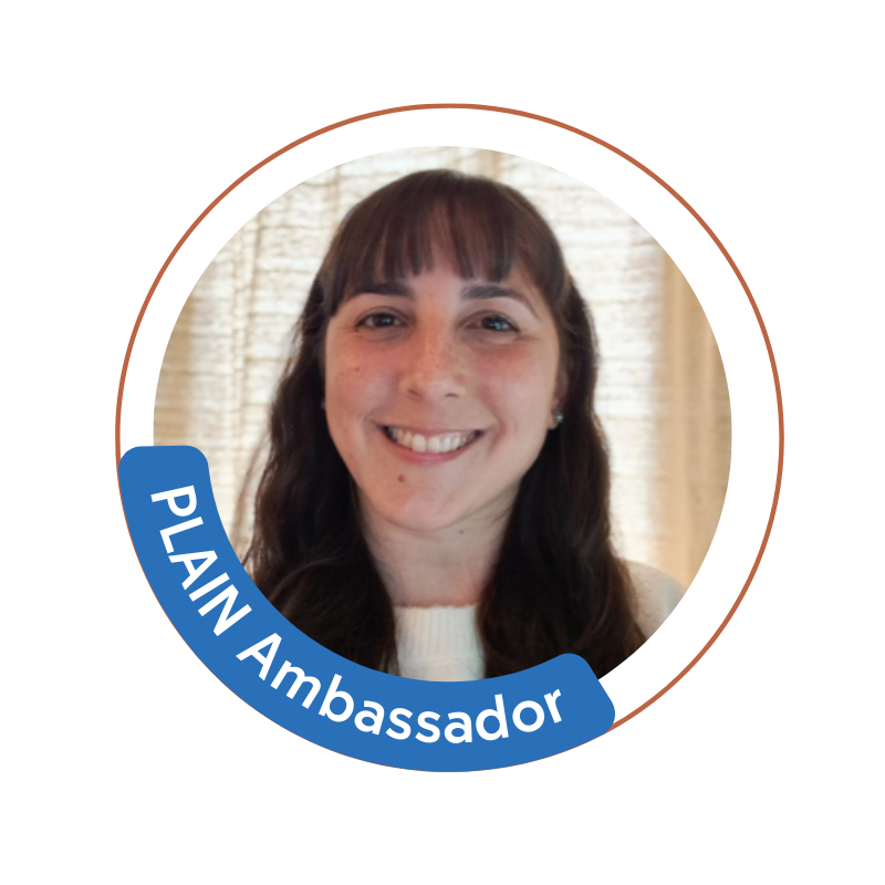 Fiorella Parodi headshot with PLAIN ambassador badge