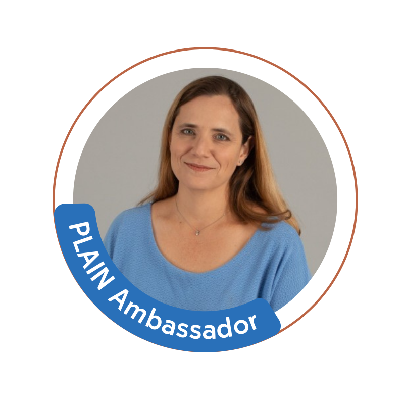 Tamar Tal-Amatzia headshot with PLAIN ambassador badge